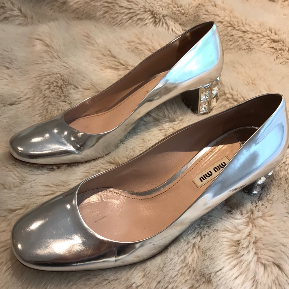 Miu Miu Silver Jeweled Heel Pump